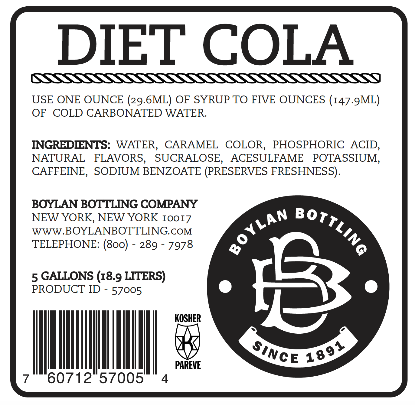 BOYLAN NATURAL DIET CANE COLA 5 GAL BIB